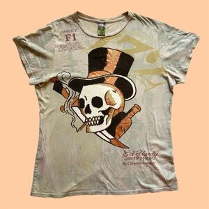 Vintage Y2K 00s Ed Hardy by Christian Audigier AOP Skull Tattoo Shirt XXL